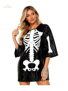 Tipsy Elves Women's Sequin Halloween Costume Dress Skeleton Party